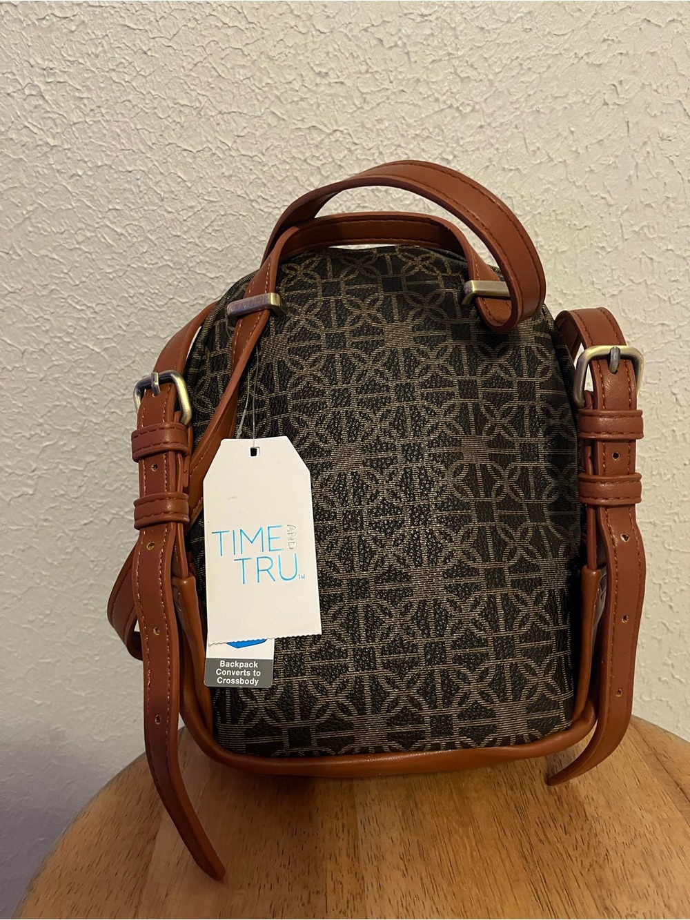 Time and Tru Brown Patterned Convertible Backpack with Tan Trim